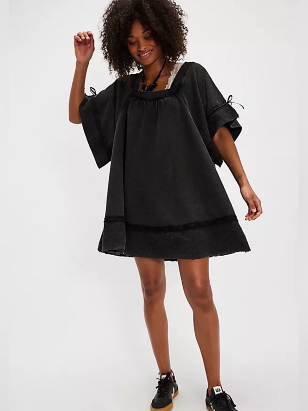 Free People Astoria Sweatshirt Tunic Dress Oversized Ribbon Cotton Size L NWT